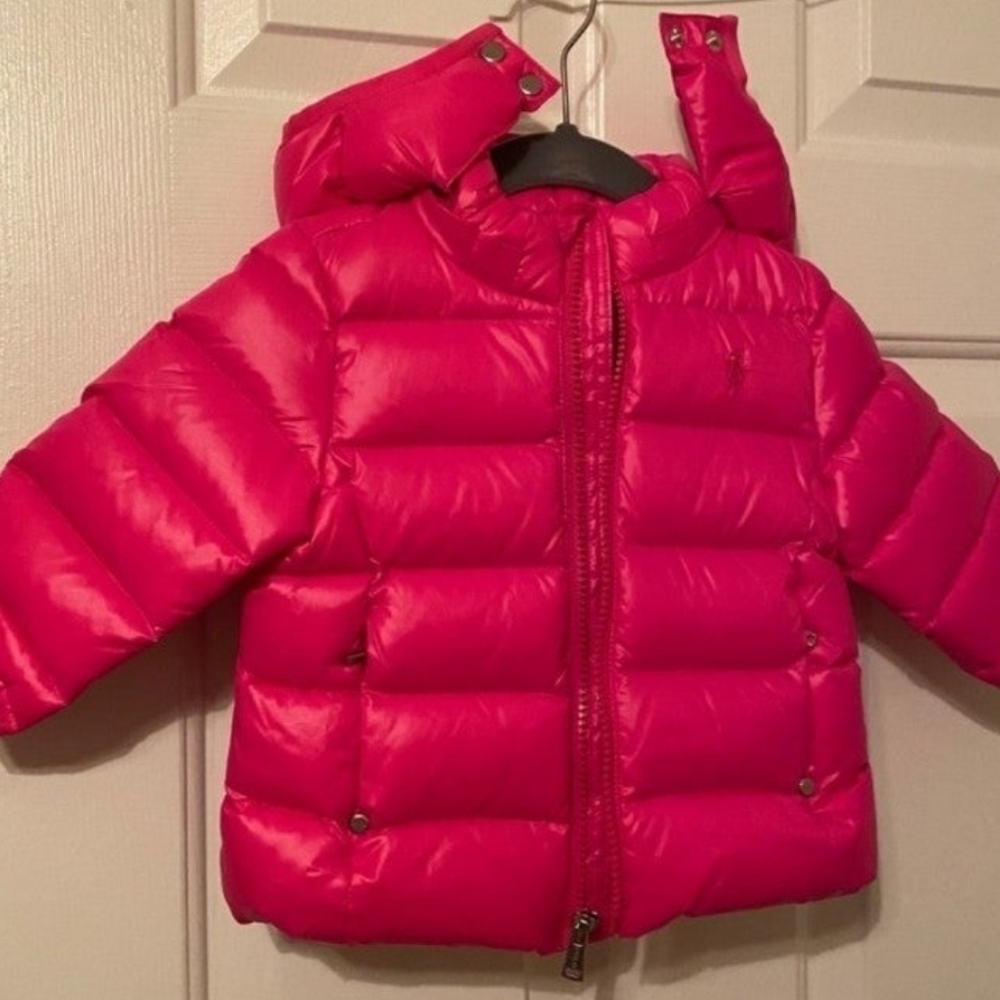 NWOT Polo Ralph Lauren Babygirl Hot Pink Quilted Hood Puffer Down Jacket 9 Mos. - Picture 2 of 16